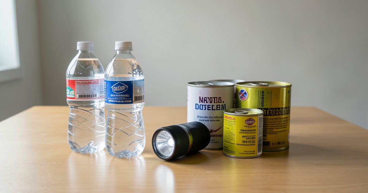 テーブルに並べられた飲料水、懐中電灯、非常食などの地震対策グッズの様子