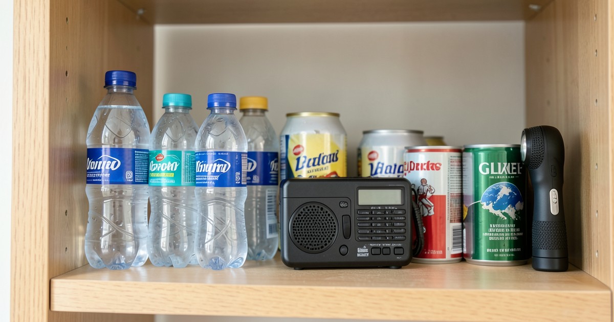 整然と並べられた水、缶詰、防災ラジオ、懐中電灯などの地震災害基本用品