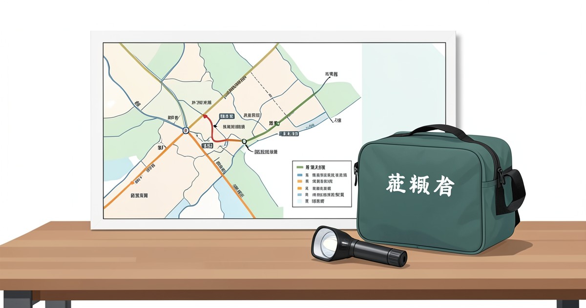 避難経路の記載があるハザードマップと防災バッグのイメージ
