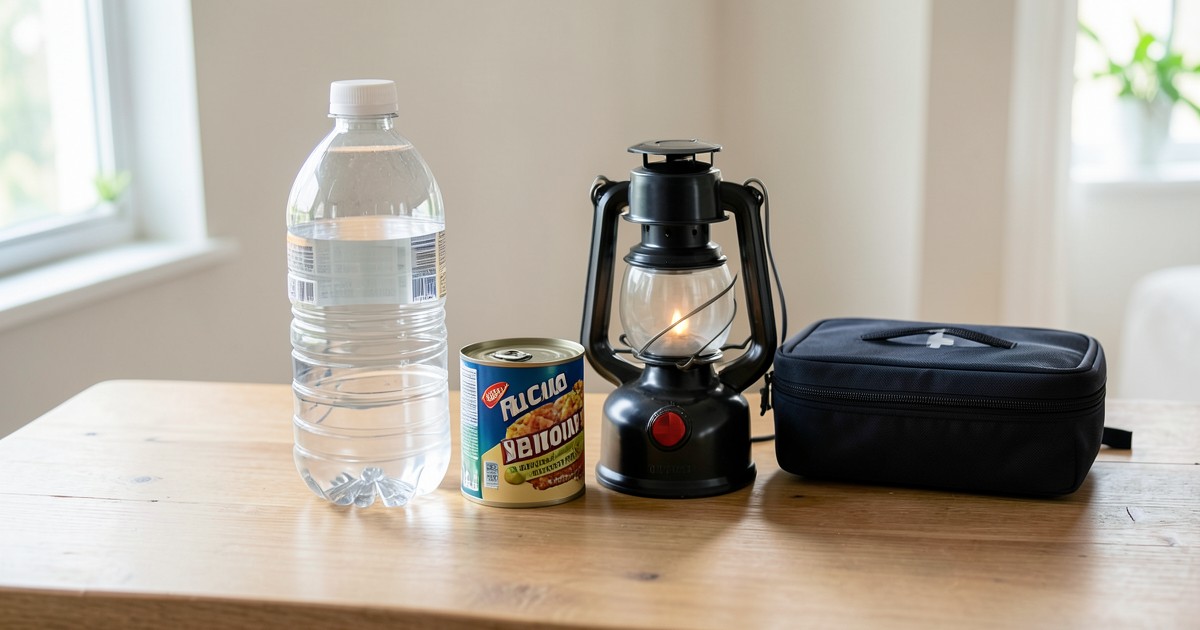 テーブルの上に置かれた飲料水、缶詰、ランタン、救急箱などの備蓄品。