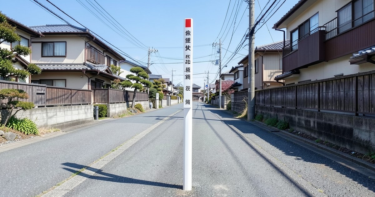 落ち着いた住宅街にある、安全な避難経路を示す案内看板の風景