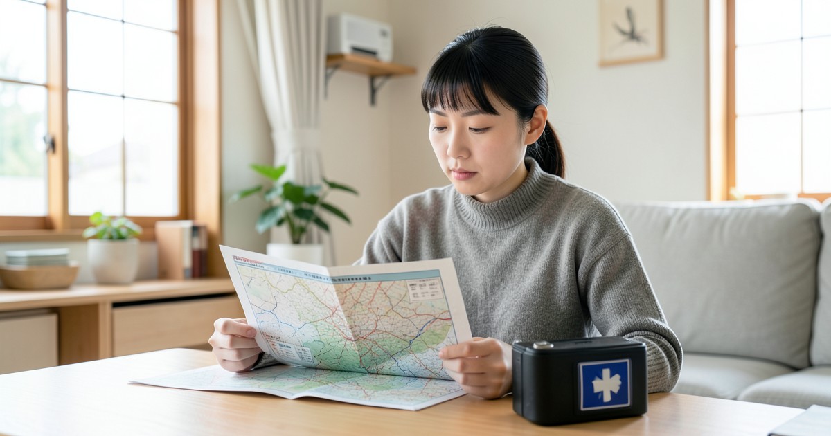 防災マップや備えを確認しながら、災害時の協力について考える人の様子
