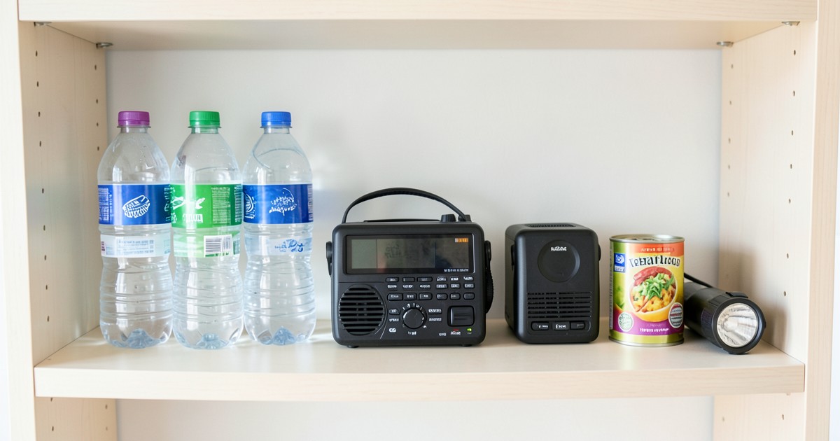水、缶詰、ラジオなどの備蓄品が整然と並んだ棚の風景