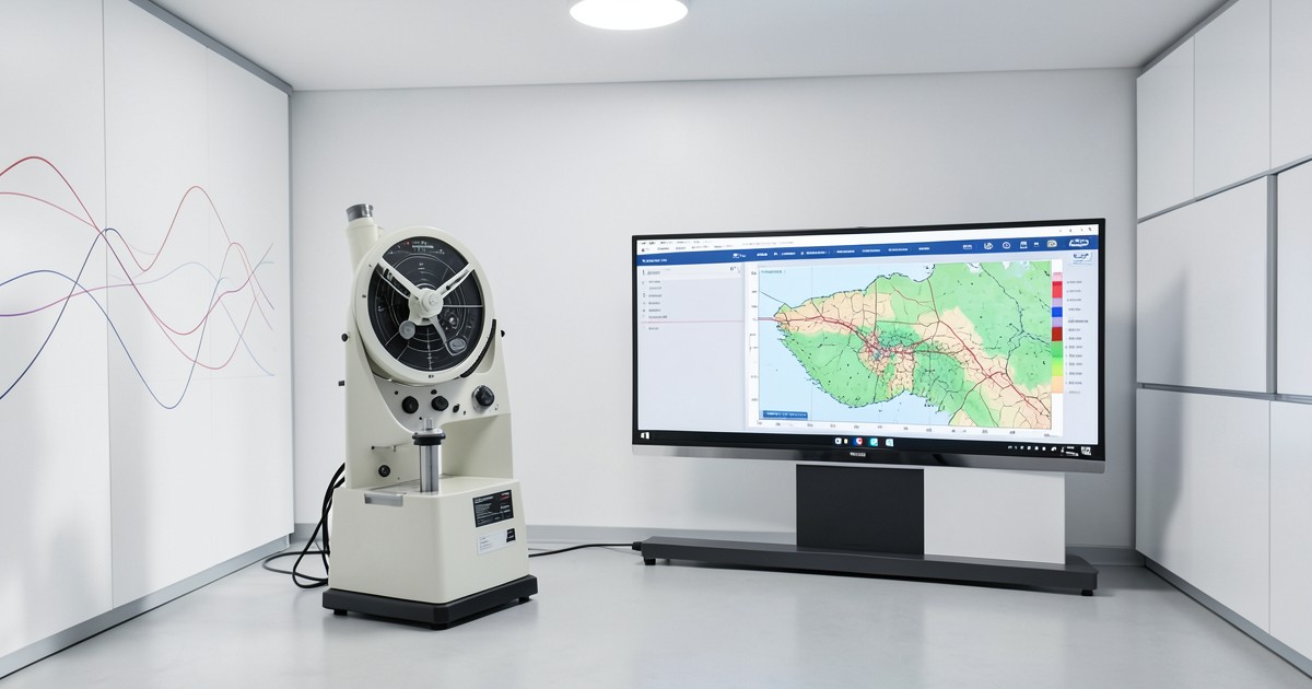 地震の観測データとハザードマップを解析する、最新の防災技術を象徴するモニタリング画面のイメージ。