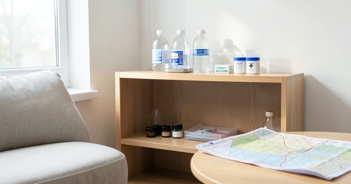 整然と並んだ水や備蓄品、そしてハザードマップが置かれた明るい部屋の風景