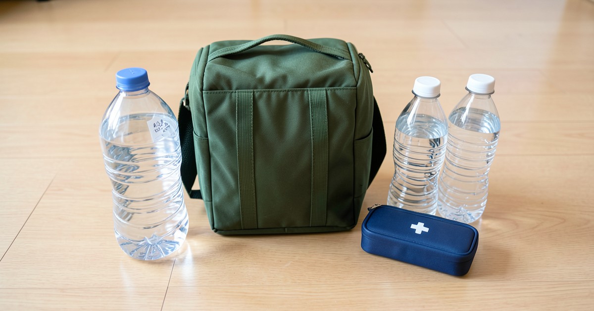 整然と並べられた非常用品セットと飲料水のボトル