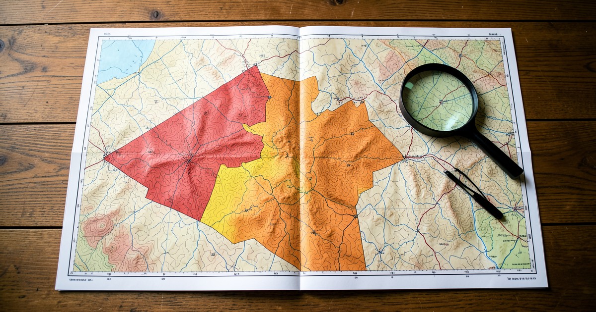 木のテーブルの上に広げられた、色分けされた地形図と拡大鏡。