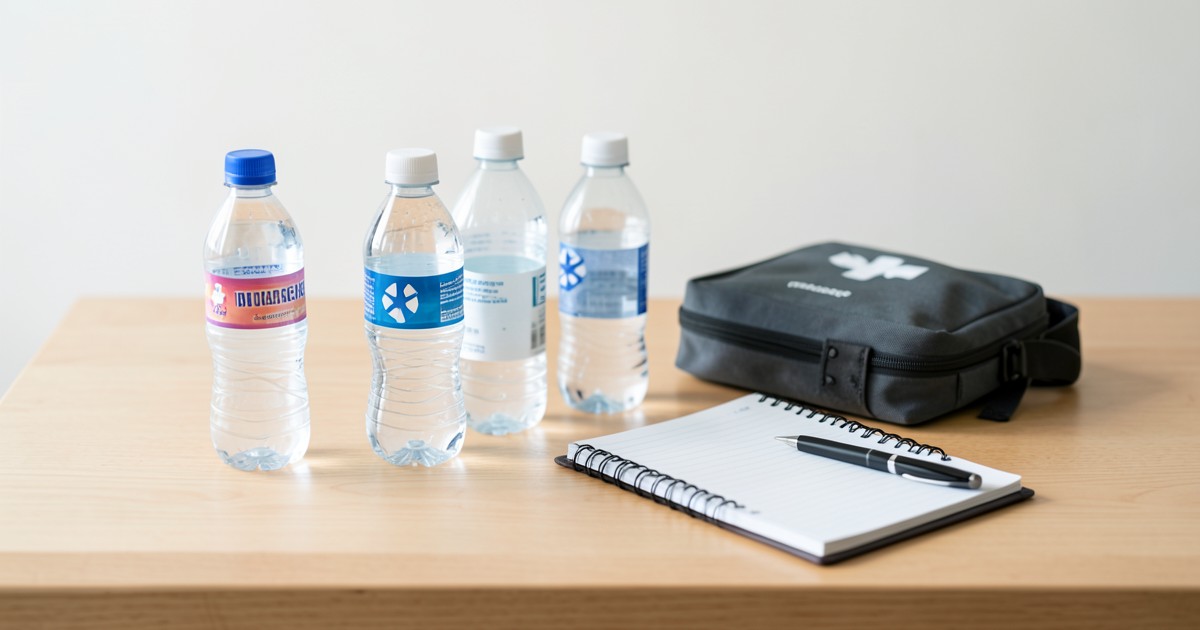 水や救急セットが並んだテーブルとメモ帳の様子