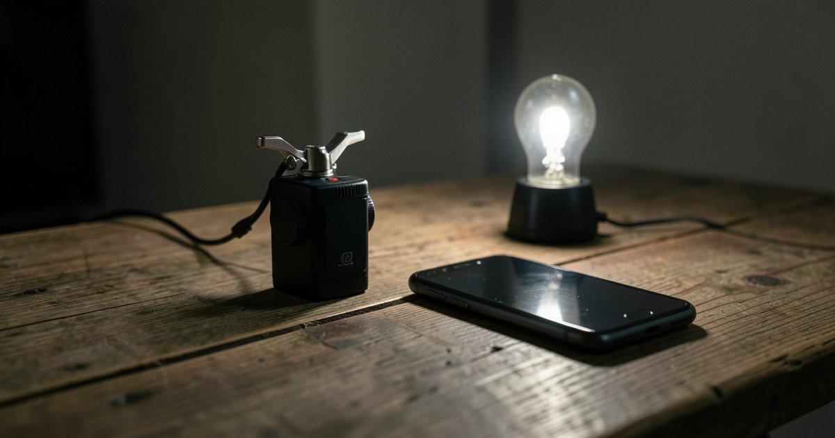 暗い部屋でスマホと手回し式発電機、LEDライトが置かれている様子